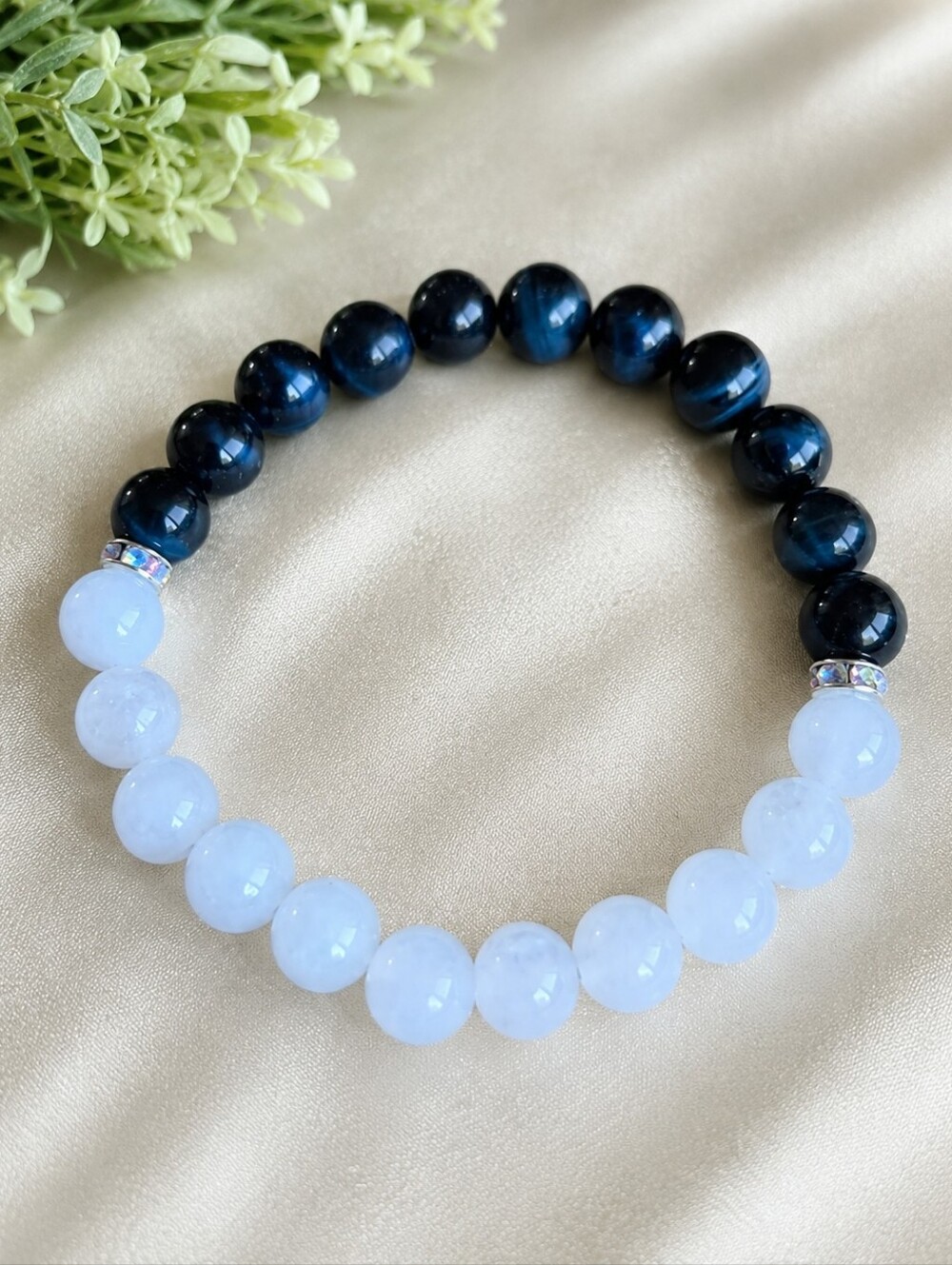 White Jade & Blue Tiger Eye Beaded Stretch Bracelet | Handmade